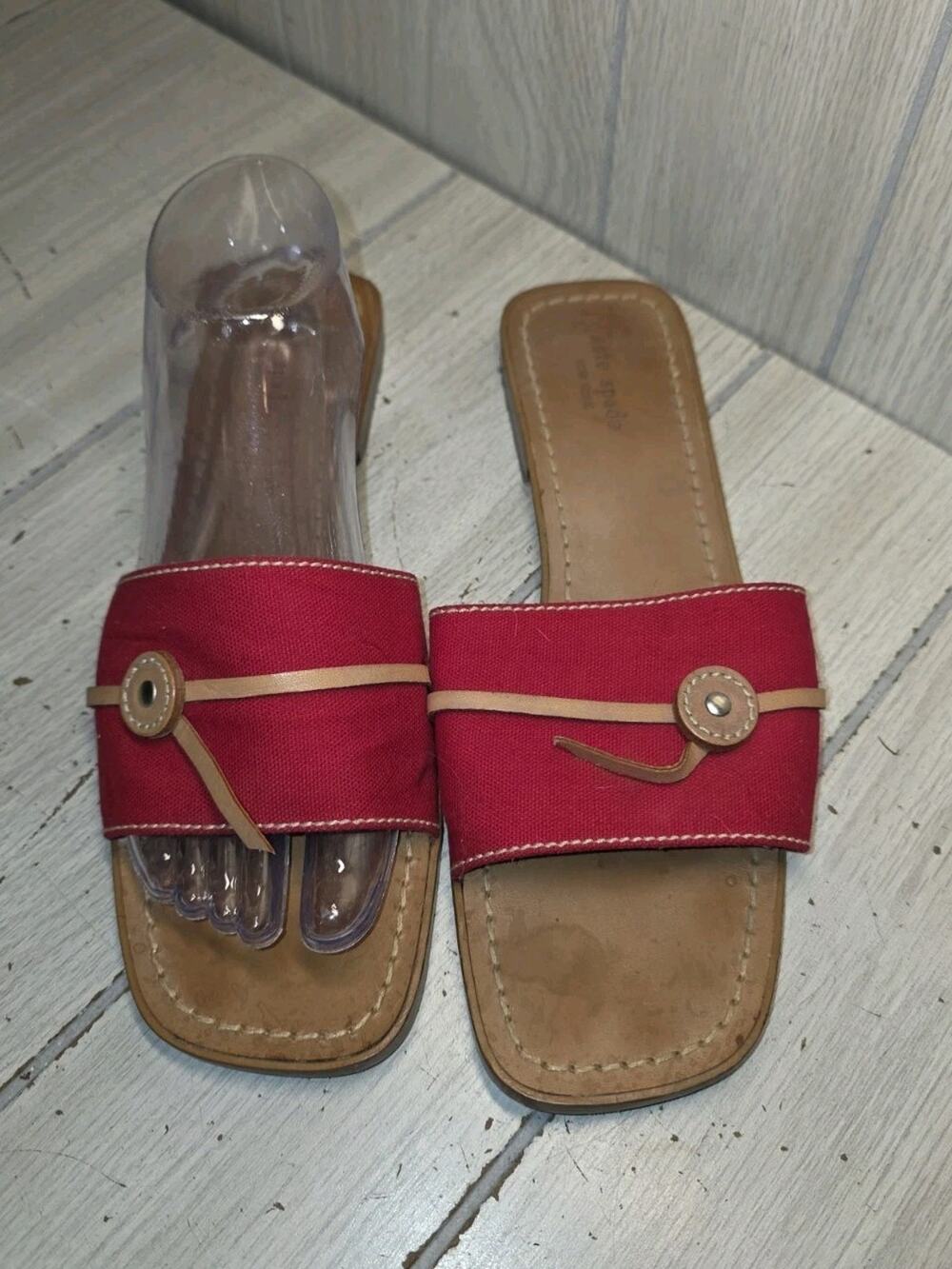 Kate Spade Red Canvas & Leather Flat Slides Sandals Women's 10B Summer Boho
